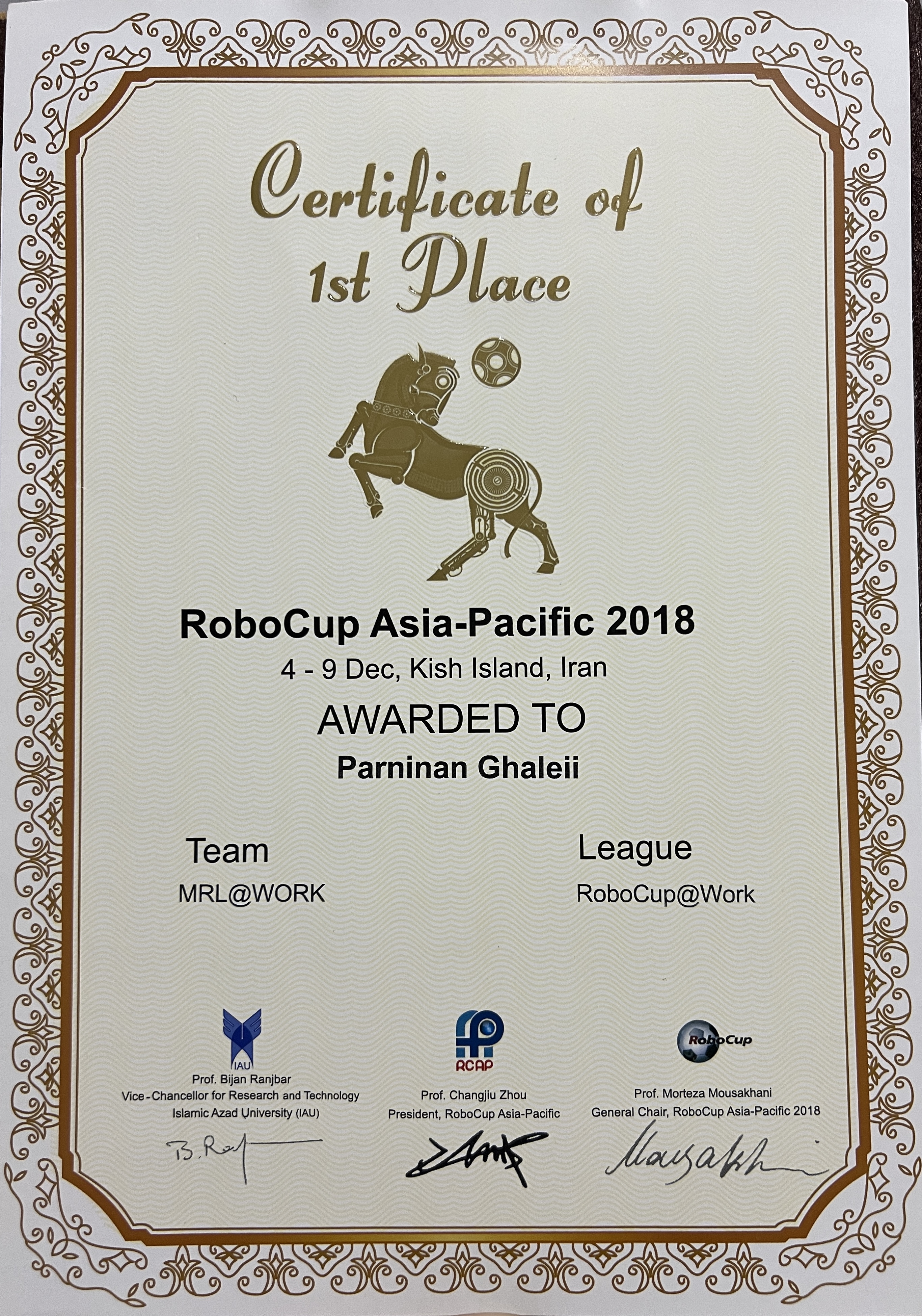 First Place Certificate Kish