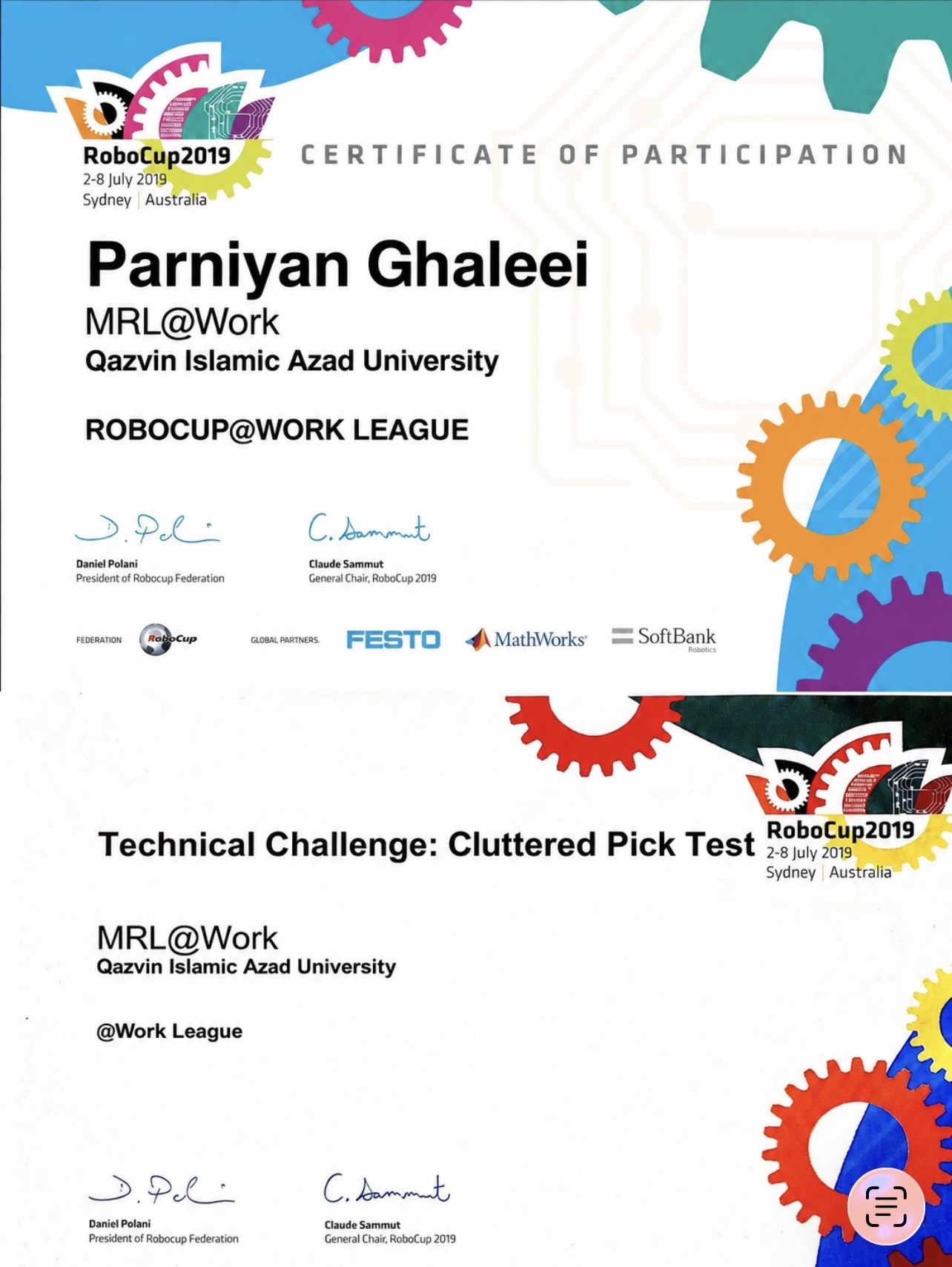 RoboCup Sydney Certificate